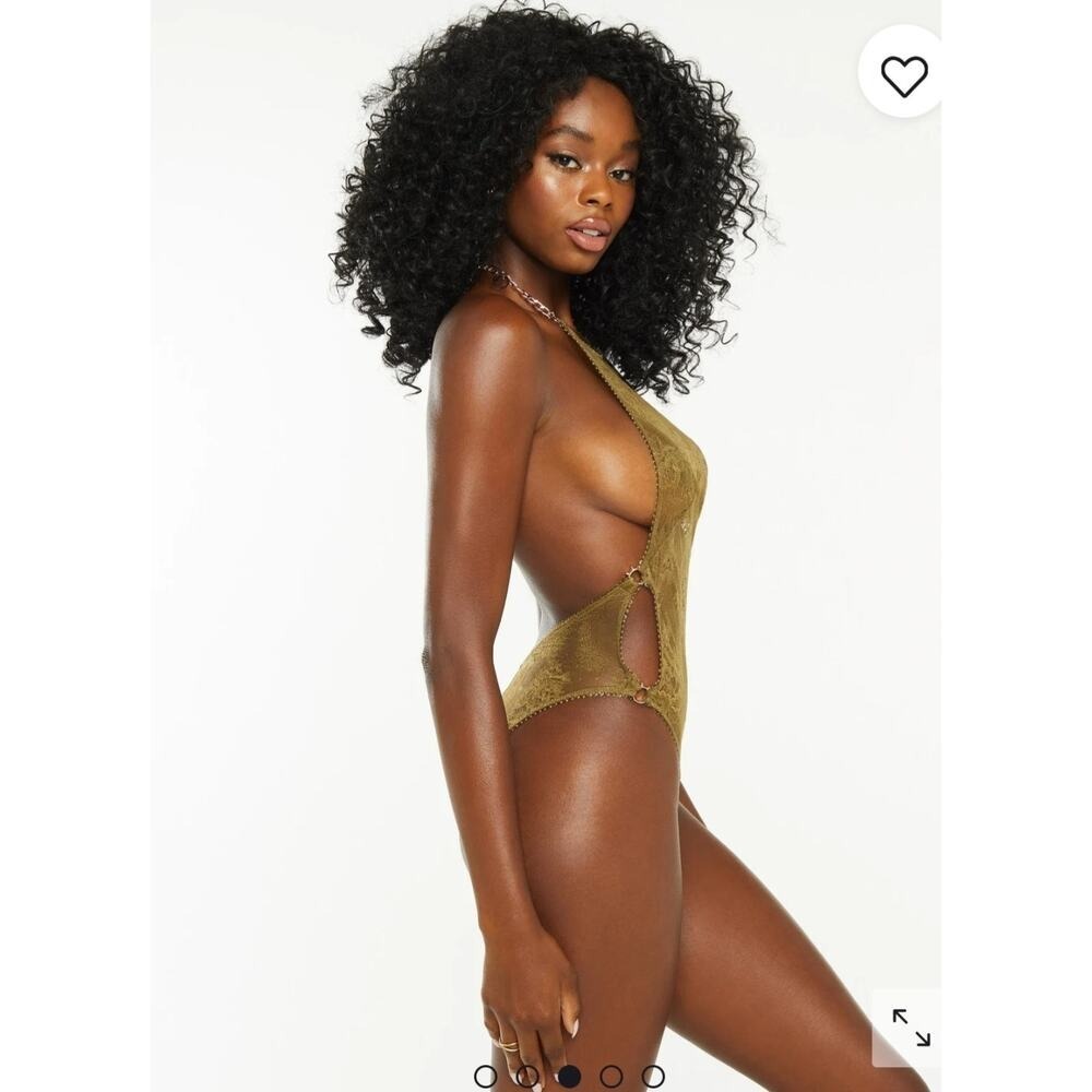 Olive Lace Halter Neck Teddy Bodysuit Chain Detail Brazilian Back - Picture 3 of 7